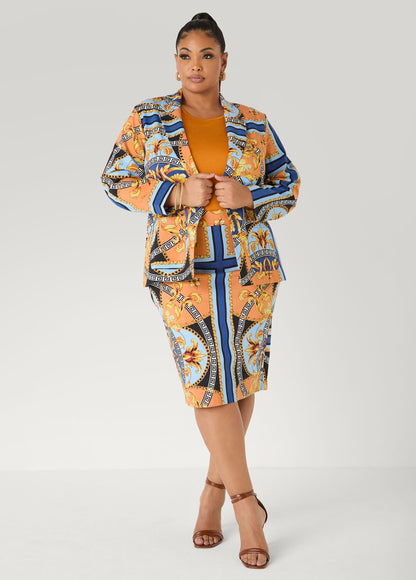 Ashley Stewart Millennium Scarf Print Skirt Navy Peony