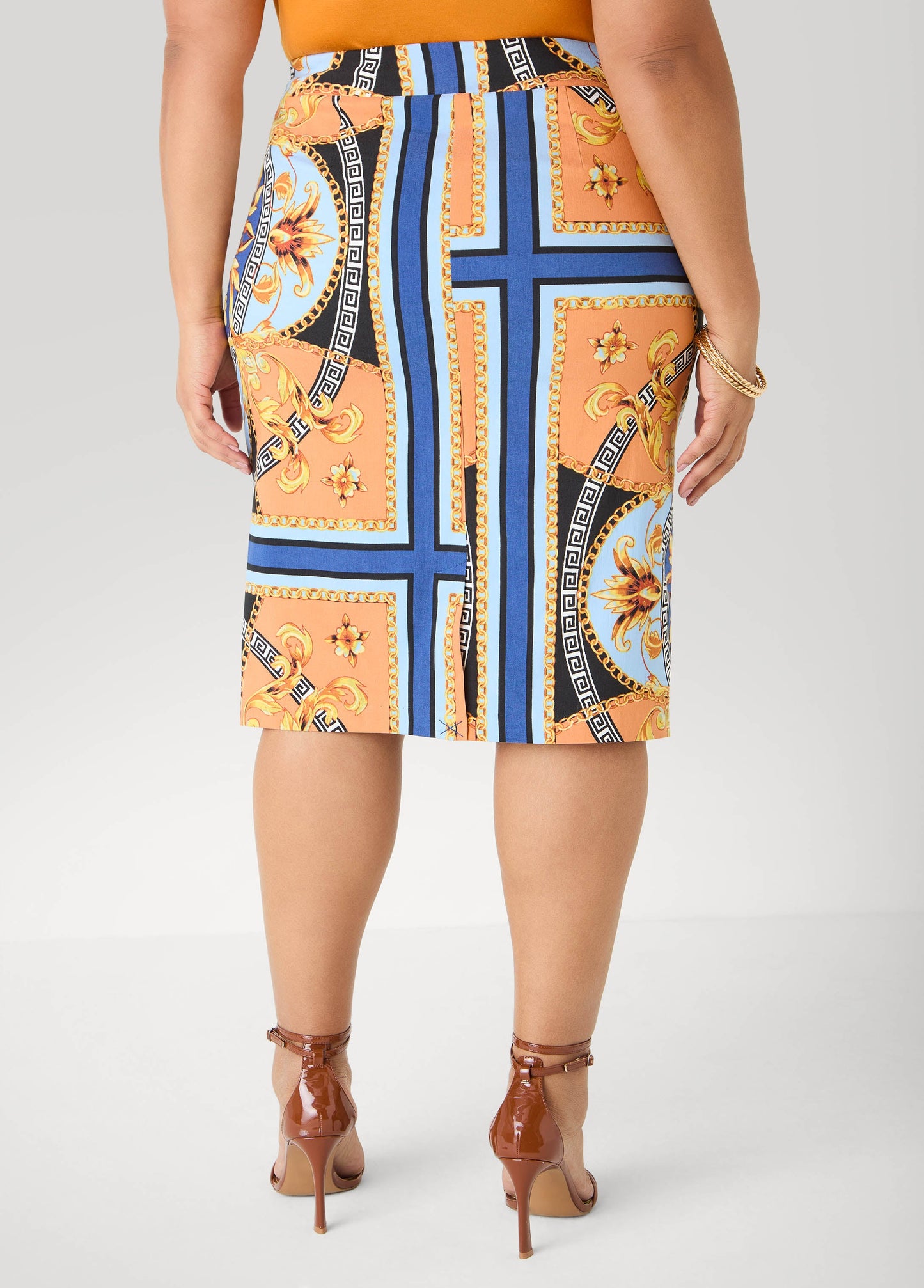 Ashley Stewart Millennium Scarf Print Skirt Navy Peony