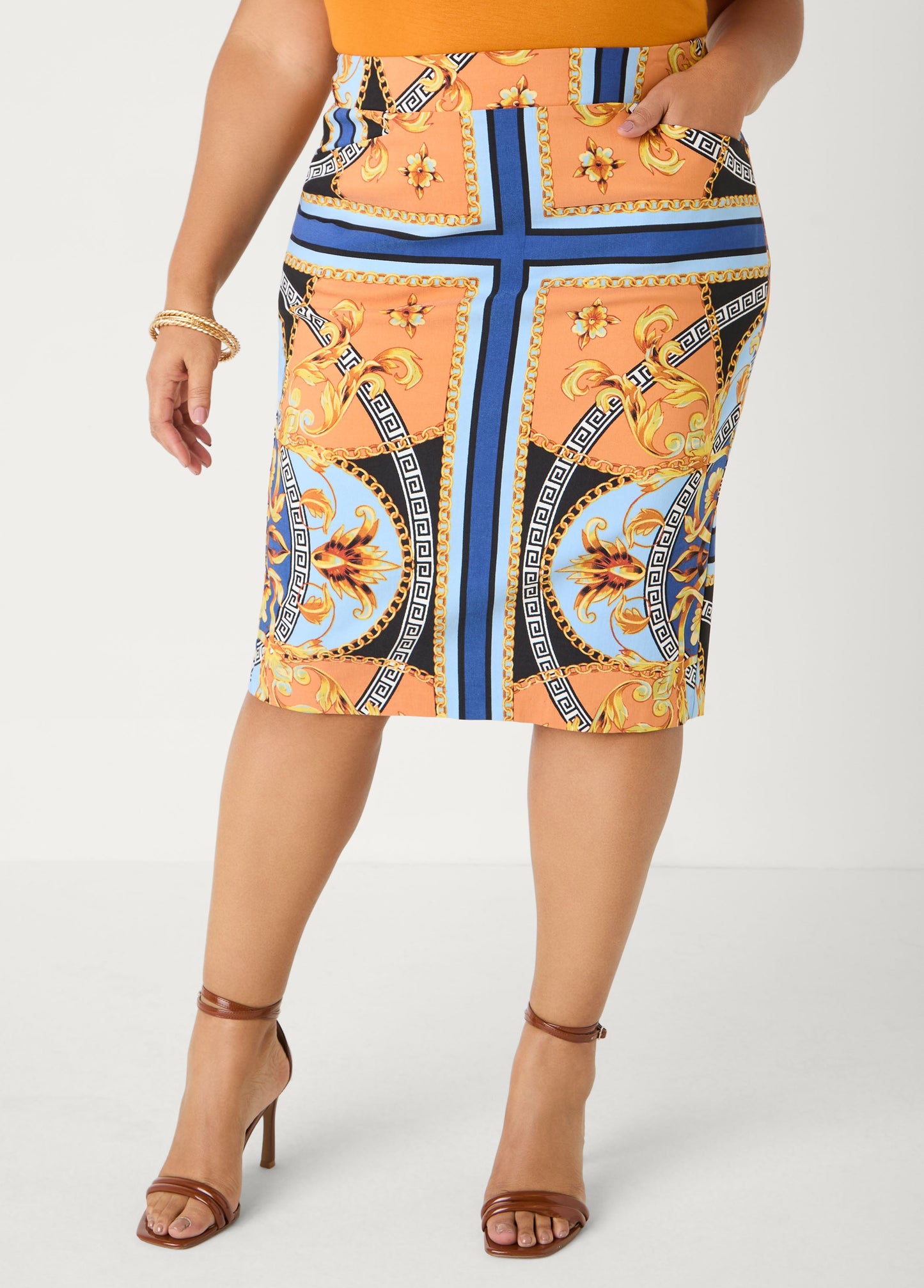 Ashley Stewart Millennium Scarf Print Skirt Navy Peony