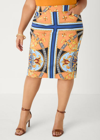 Ashley Stewart Millennium Scarf Print Skirt Navy Peony