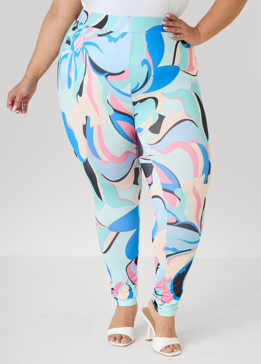 Ashley Stewart Floral High Rise Leggings POWDER BLUE