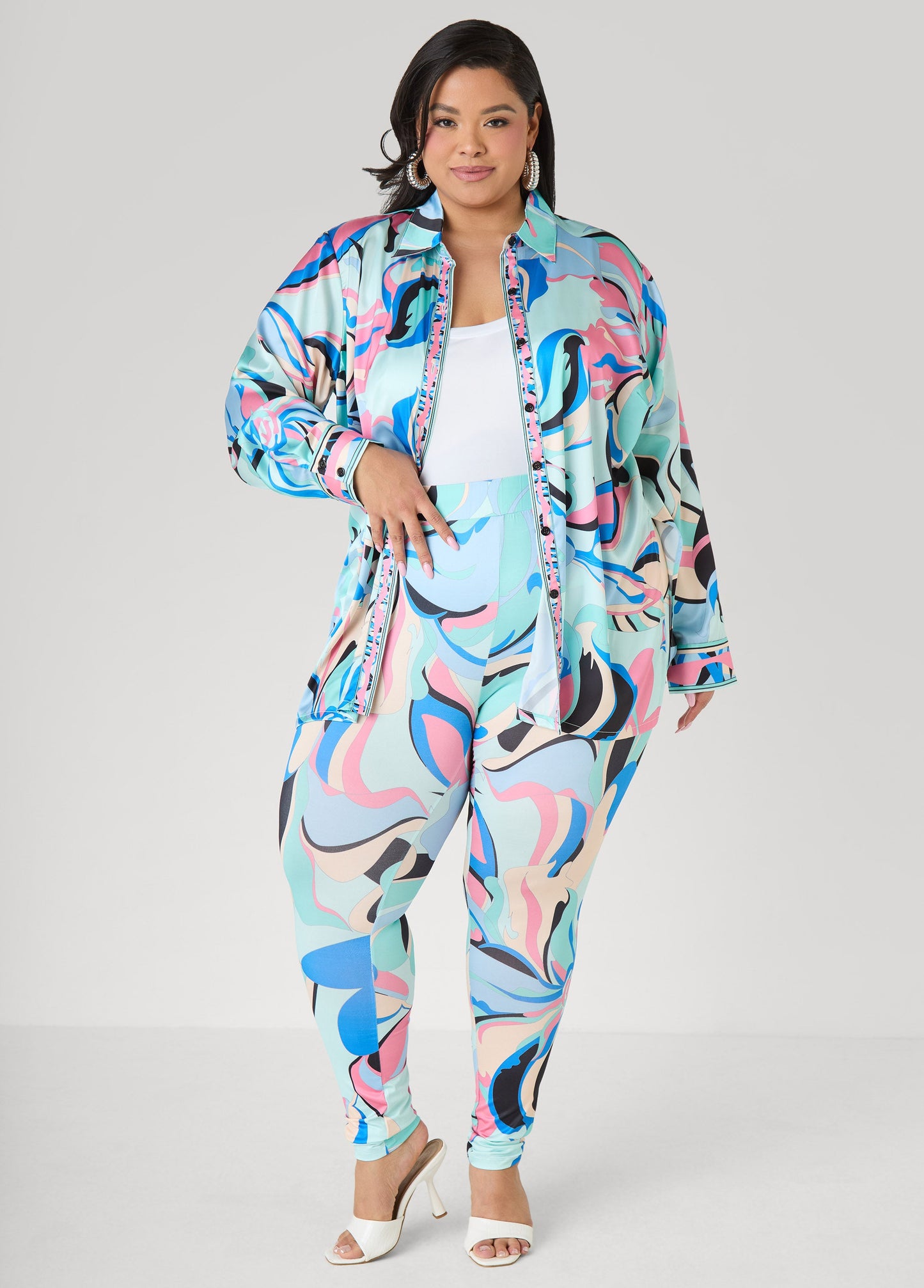 Ashley Stewart Floral High Rise Leggings POWDER BLUE