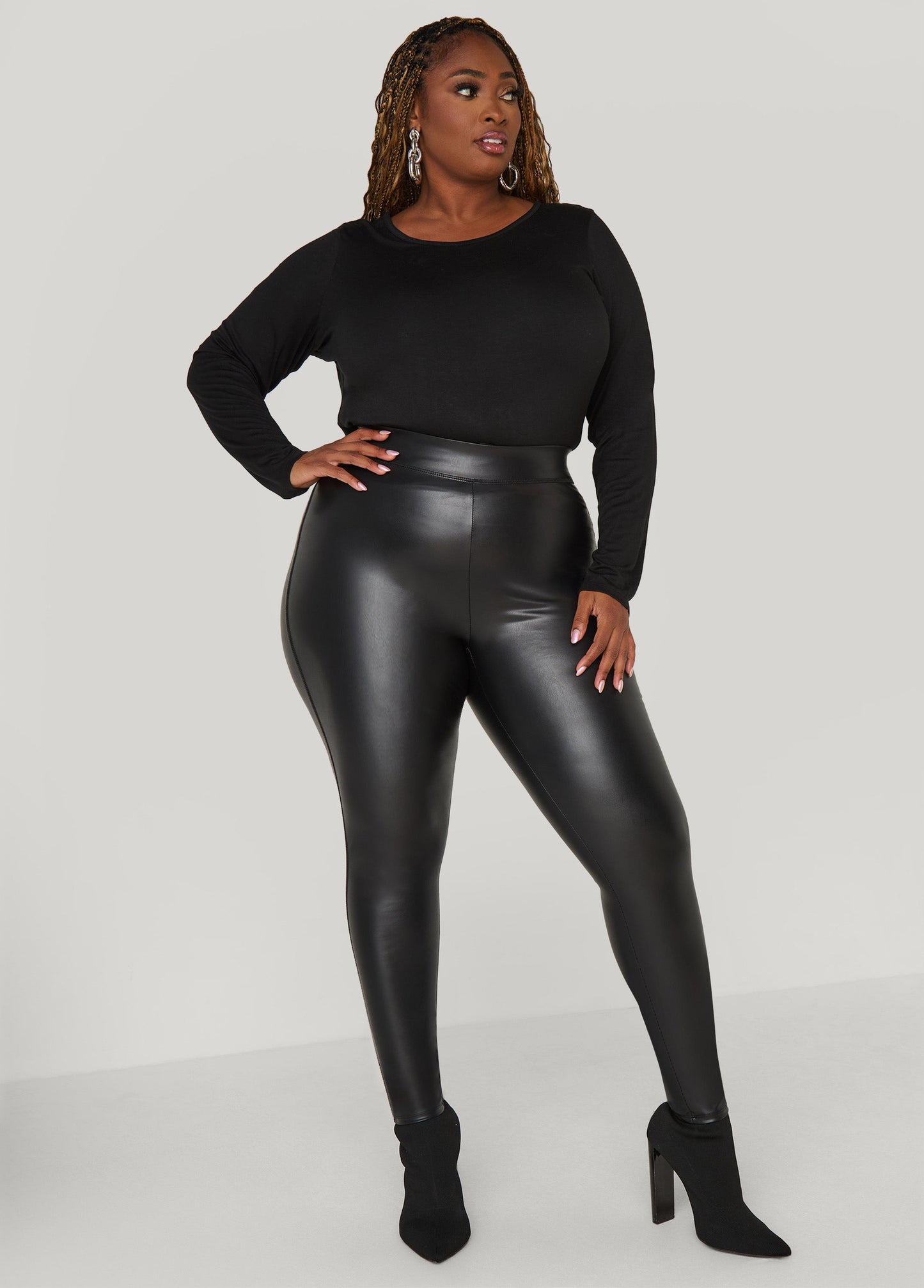 Ashley Stewart Faux Stretch Leather Leggings Black