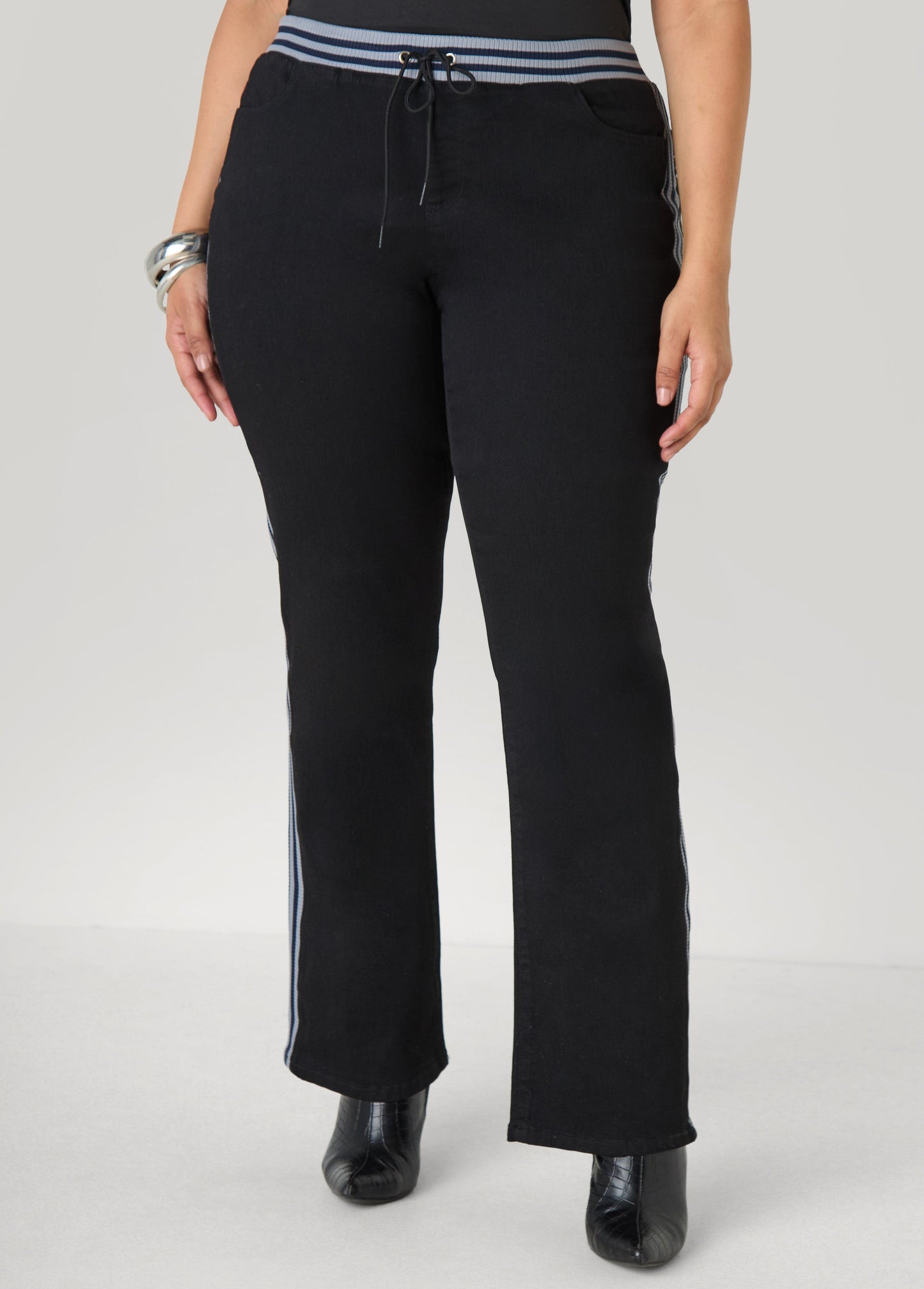 Ashley Stewart Striped Trimmed Bootcut Jeans Black