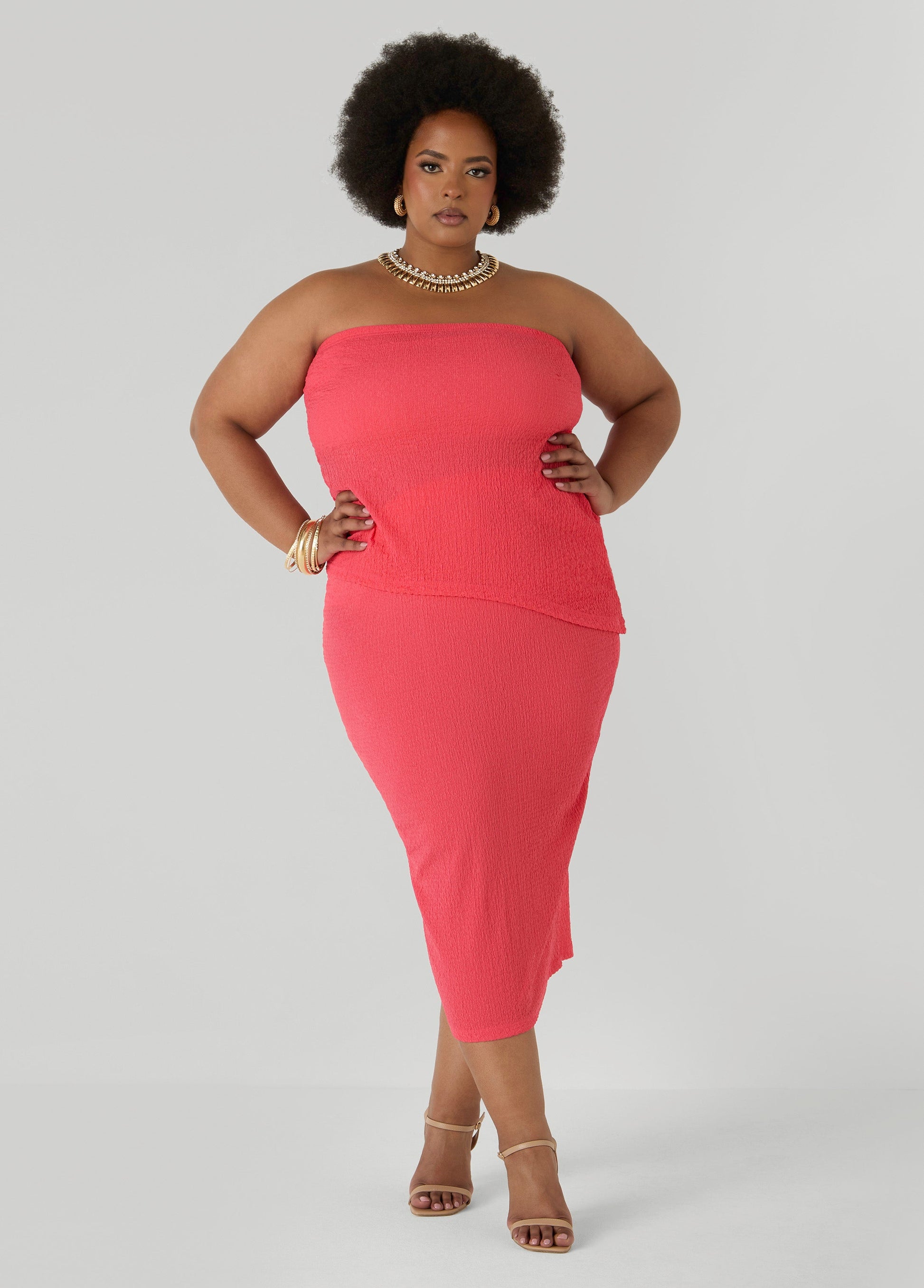 Ashley Stewart Textured Midi Pencil Skirt Calypso Coral