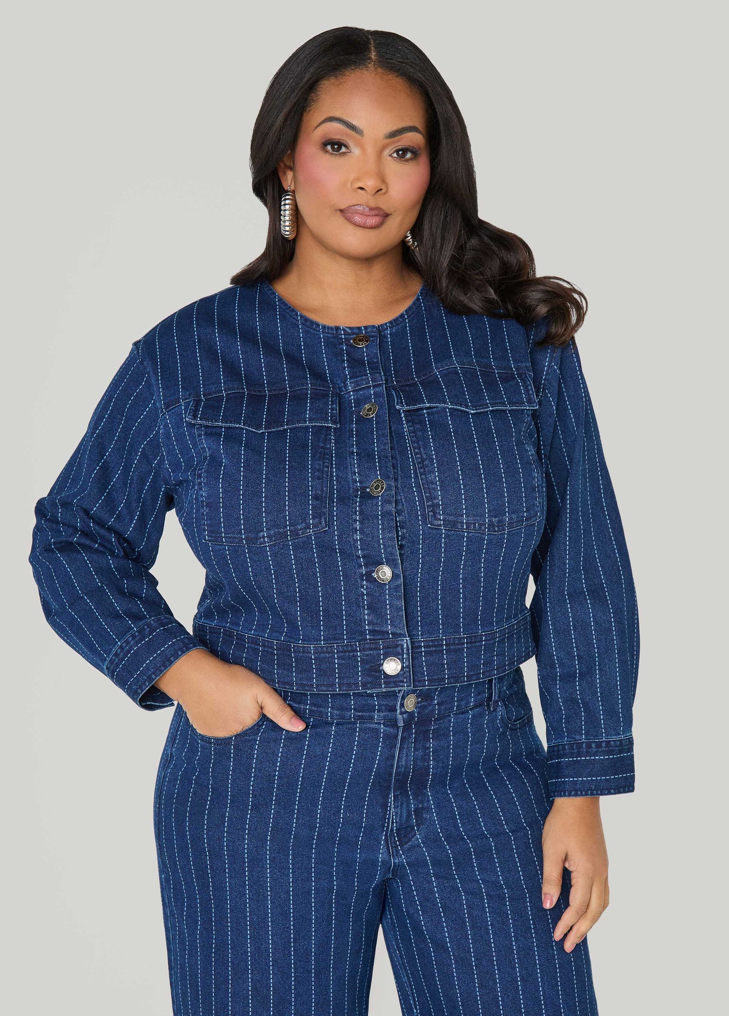 Ashley Stewart Pinstriped Denim Crop Jacket Dk Wash