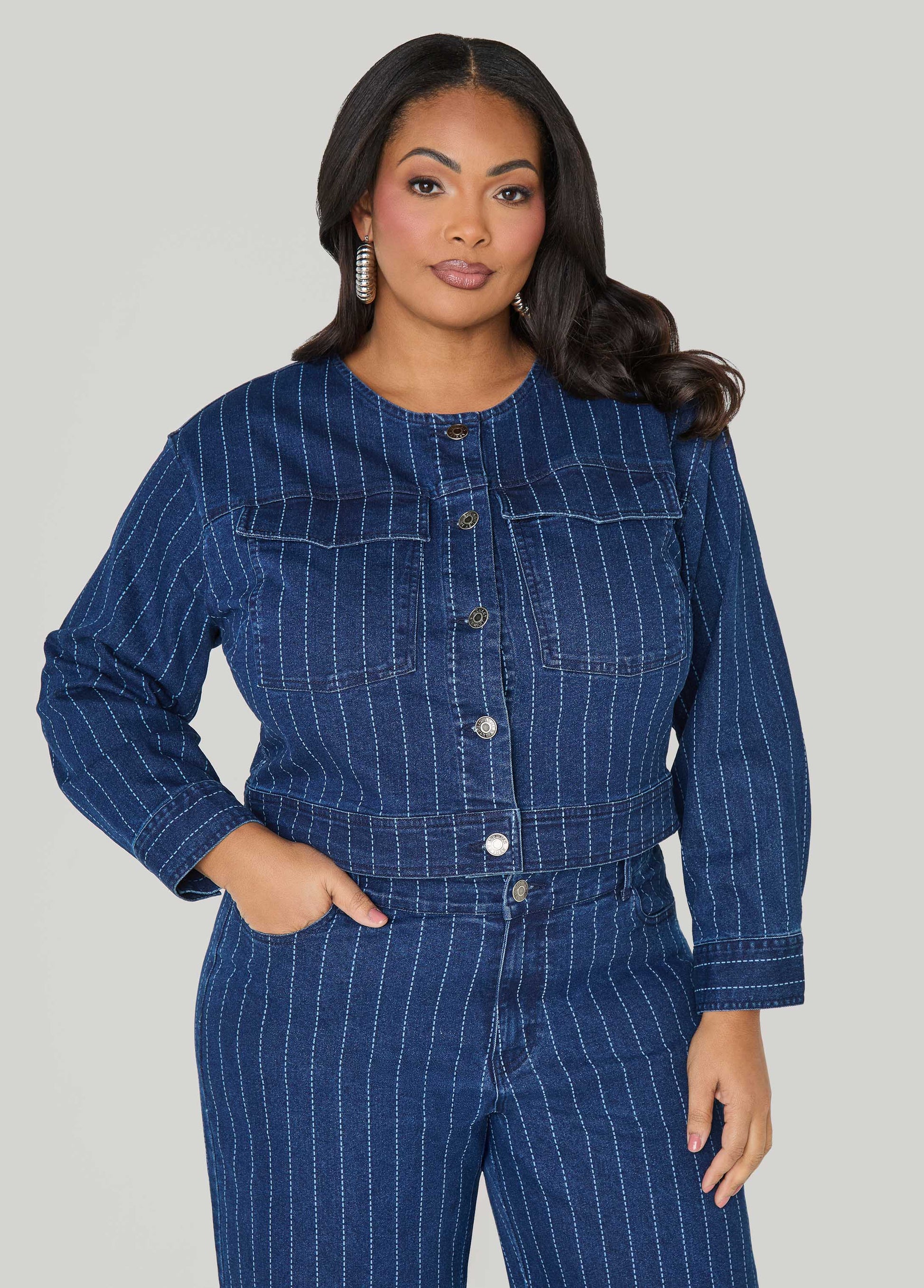 Ashley Stewart Pinstriped Denim Crop Jacket Dk Wash