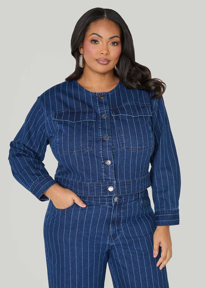 Ashley Stewart Pinstriped Denim Crop Jacket Dk Wash