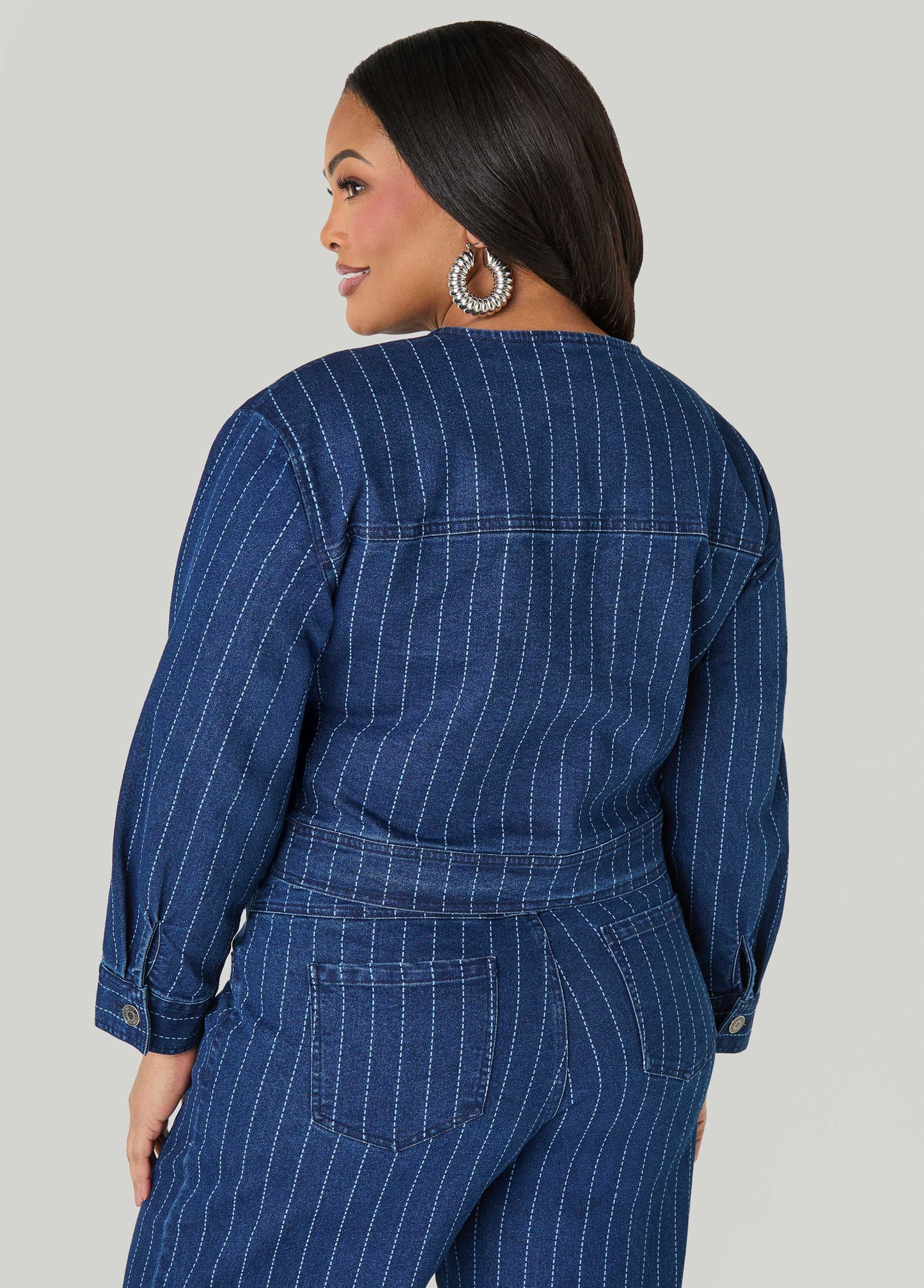 Ashley Stewart Pinstriped Denim Crop Jacket Dk Wash