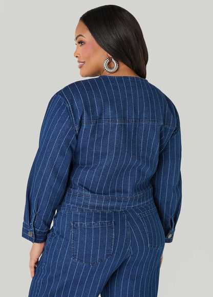 Ashley Stewart Pinstriped Denim Crop Jacket Dk Wash