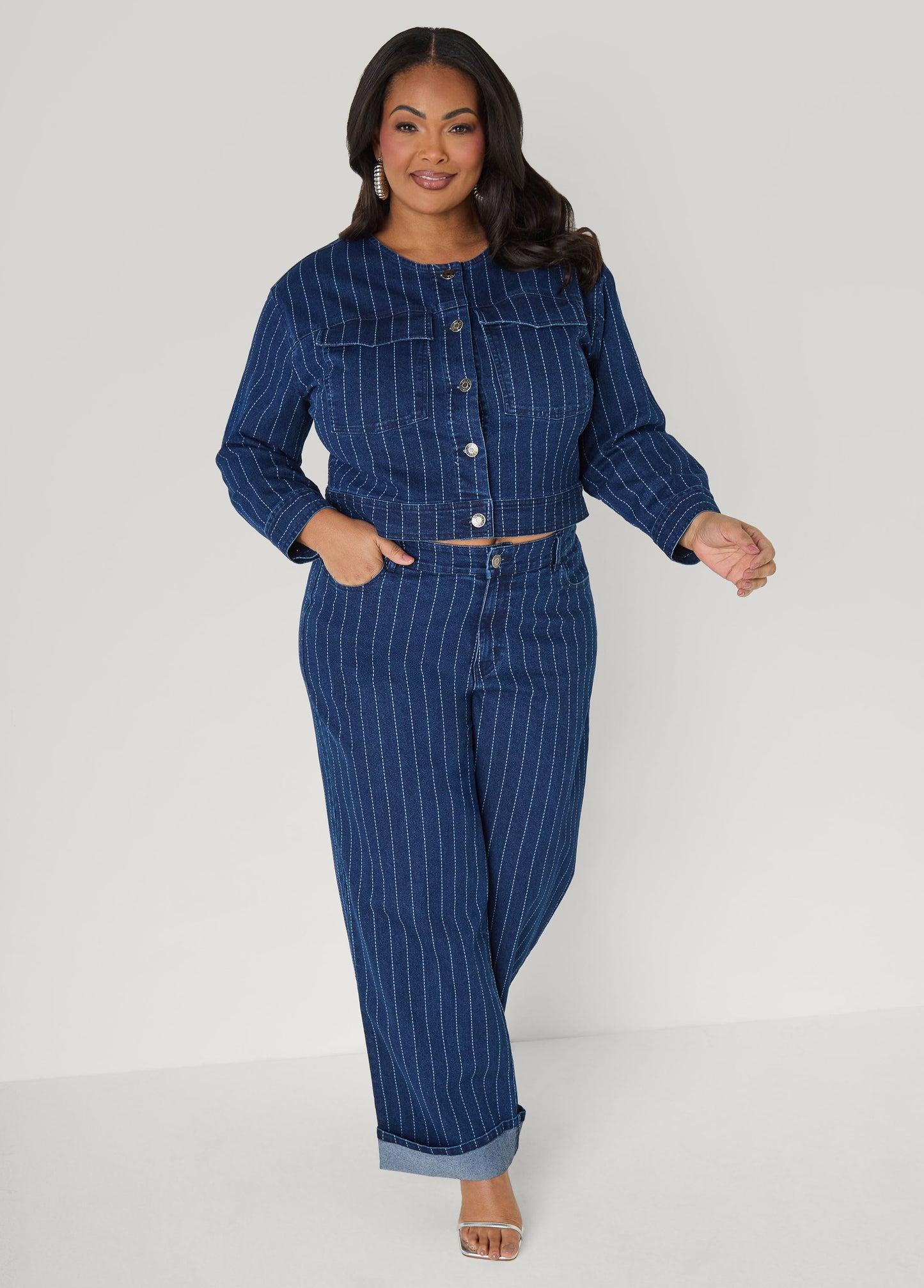 Ashley Stewart Pinstriped Denim Crop Jacket Dk Wash