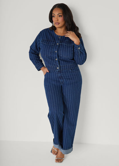 Ashley Stewart Pinstriped Denim Crop Jacket Dk Wash