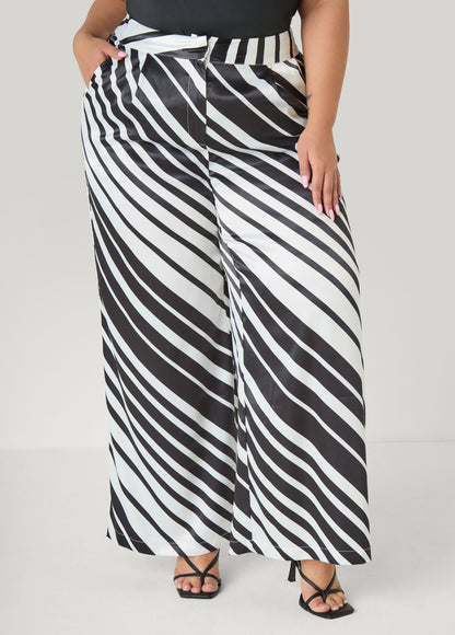 Ashley Stewart Striped Pleated Satin Pants White Black