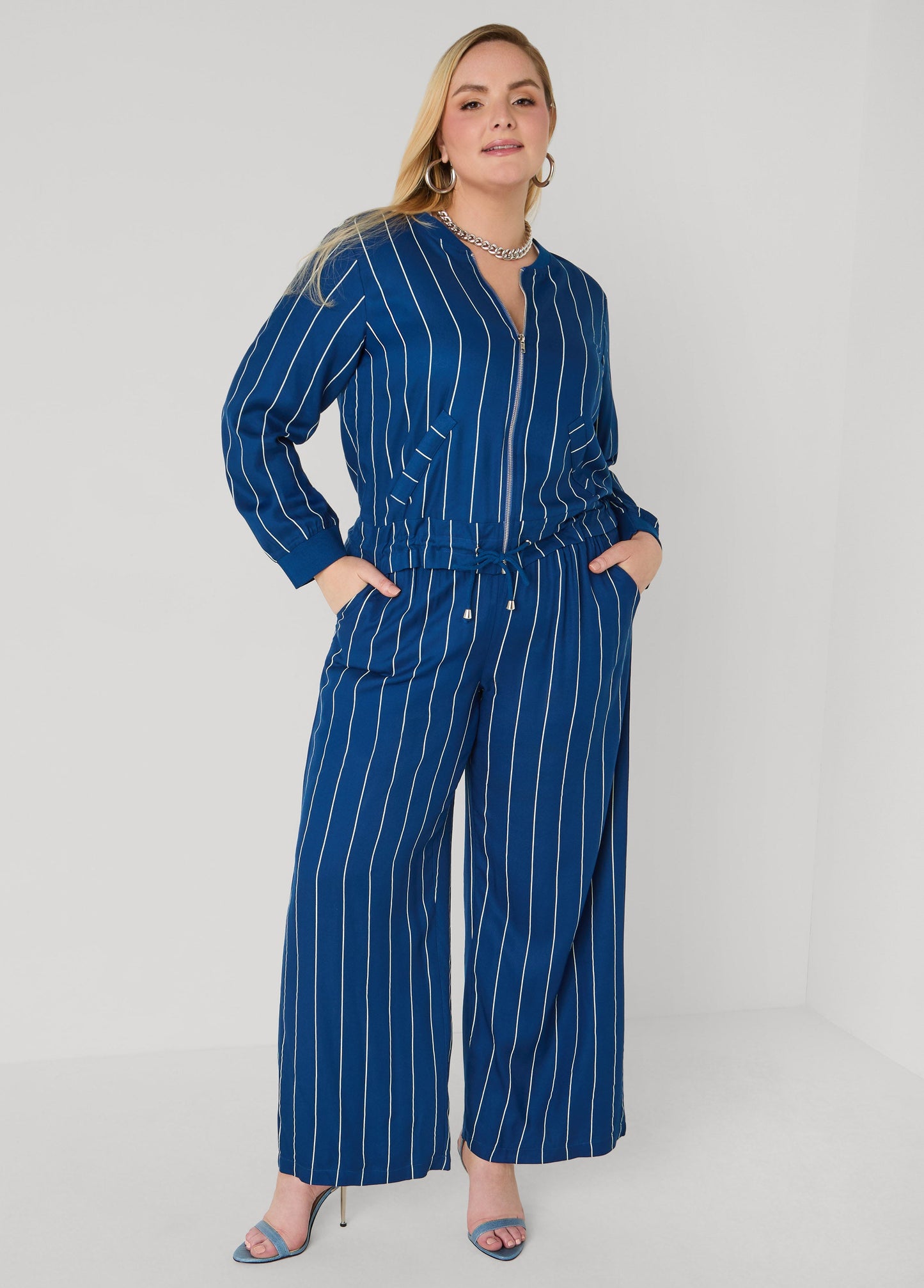 Ashley Stewart Pinstriped Pull On Pants Navy Peony