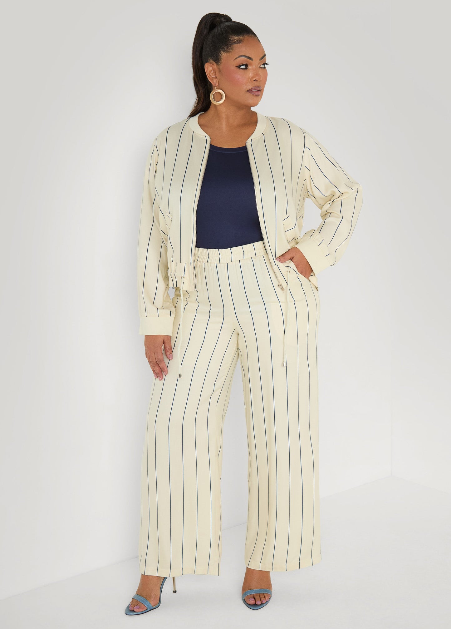 Ashley Stewart Pinstriped Pull On Pants Navy Peony
