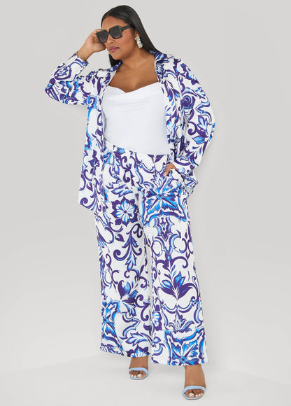 Ashley Stewart Floral Print Satin Wide Leg Pants Pansy
