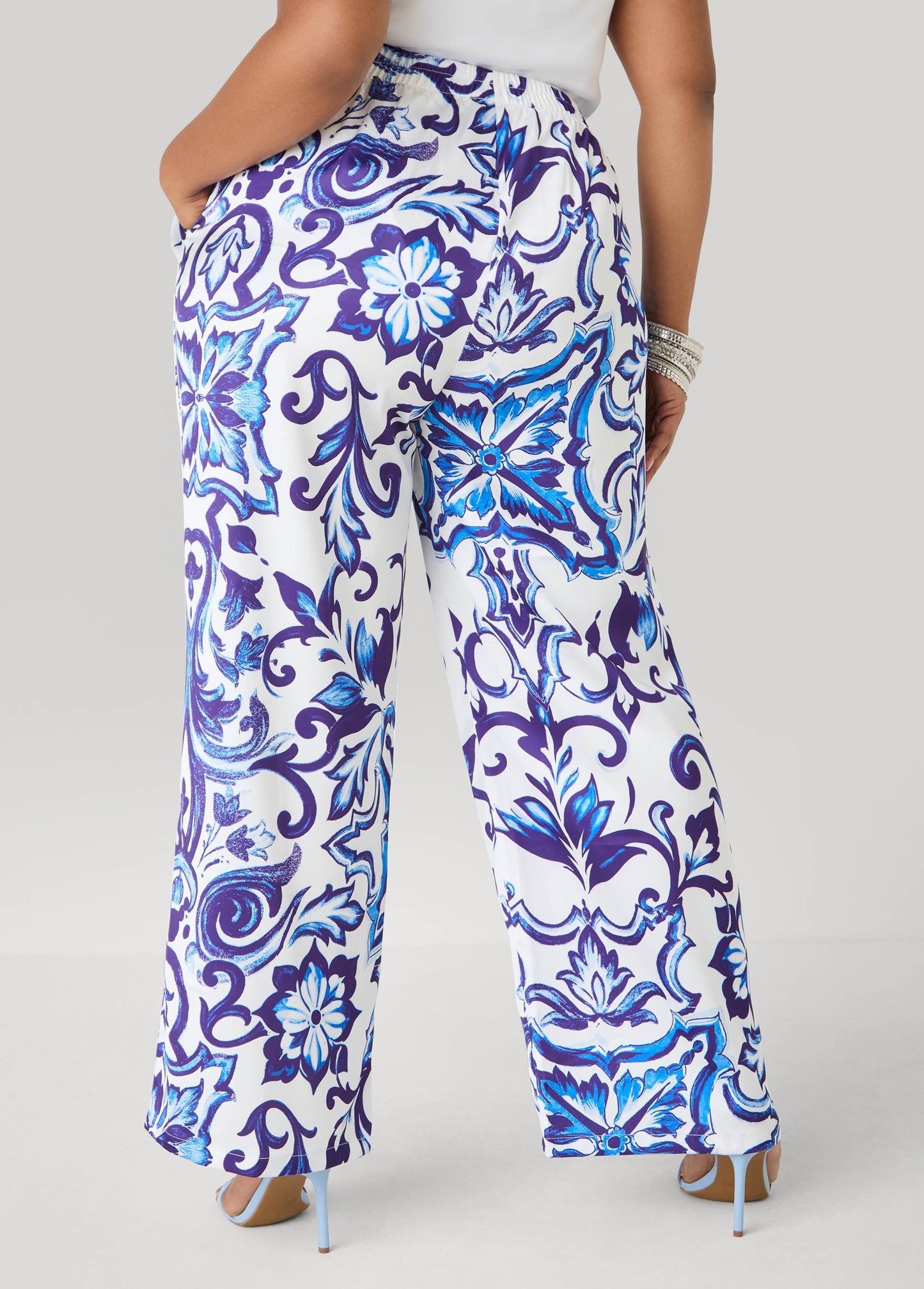 Ashley Stewart Floral Print Satin Wide Leg Pants Pansy