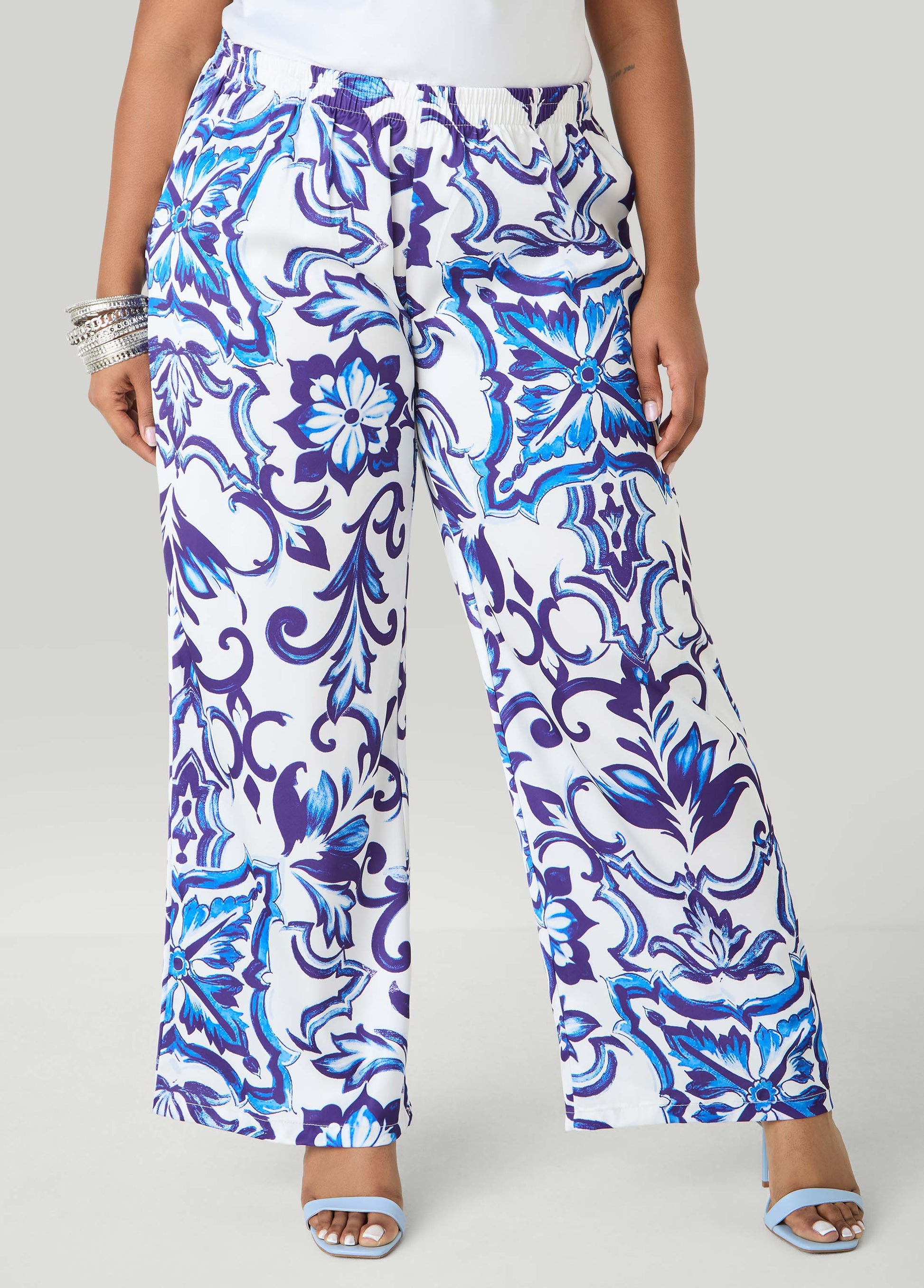Ashley Stewart Floral Print Satin Wide Leg Pants Pansy