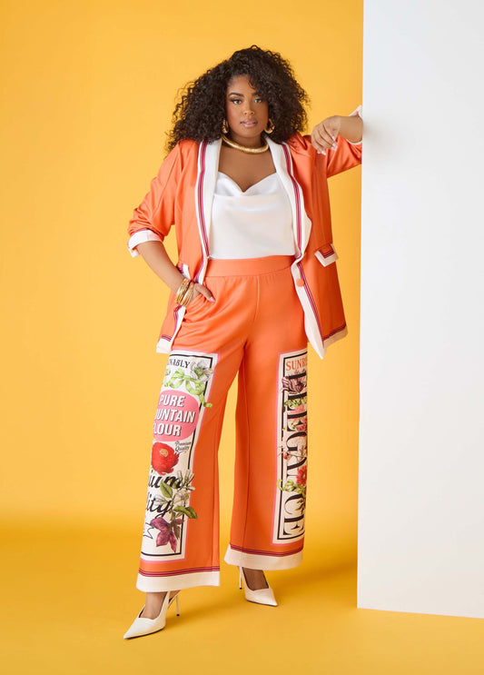 Ashley Stewart Floral Stamp Print Scuba Pants Persimmon Orange