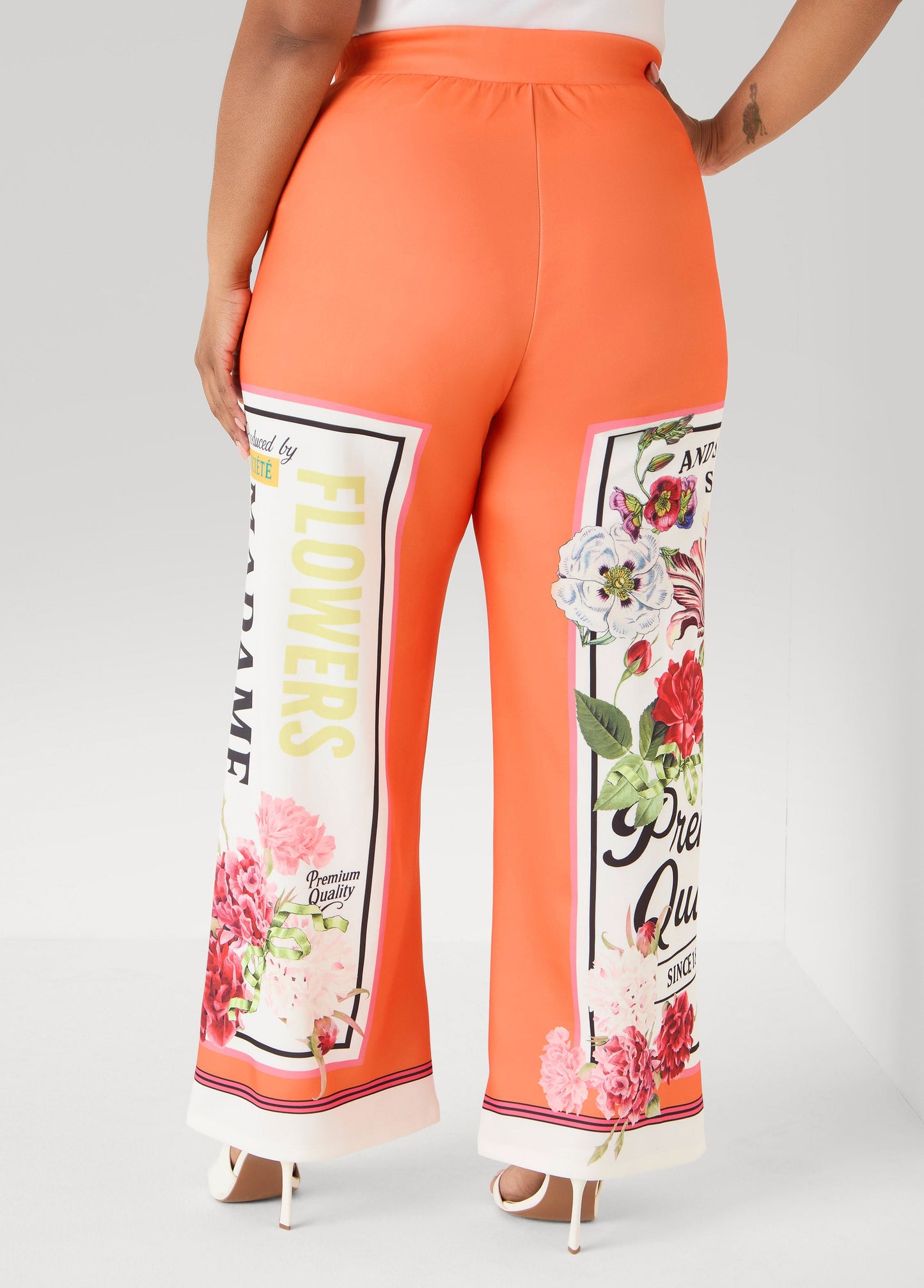 Ashley Stewart Floral Stamp Print Scuba Pants Persimmon Orange