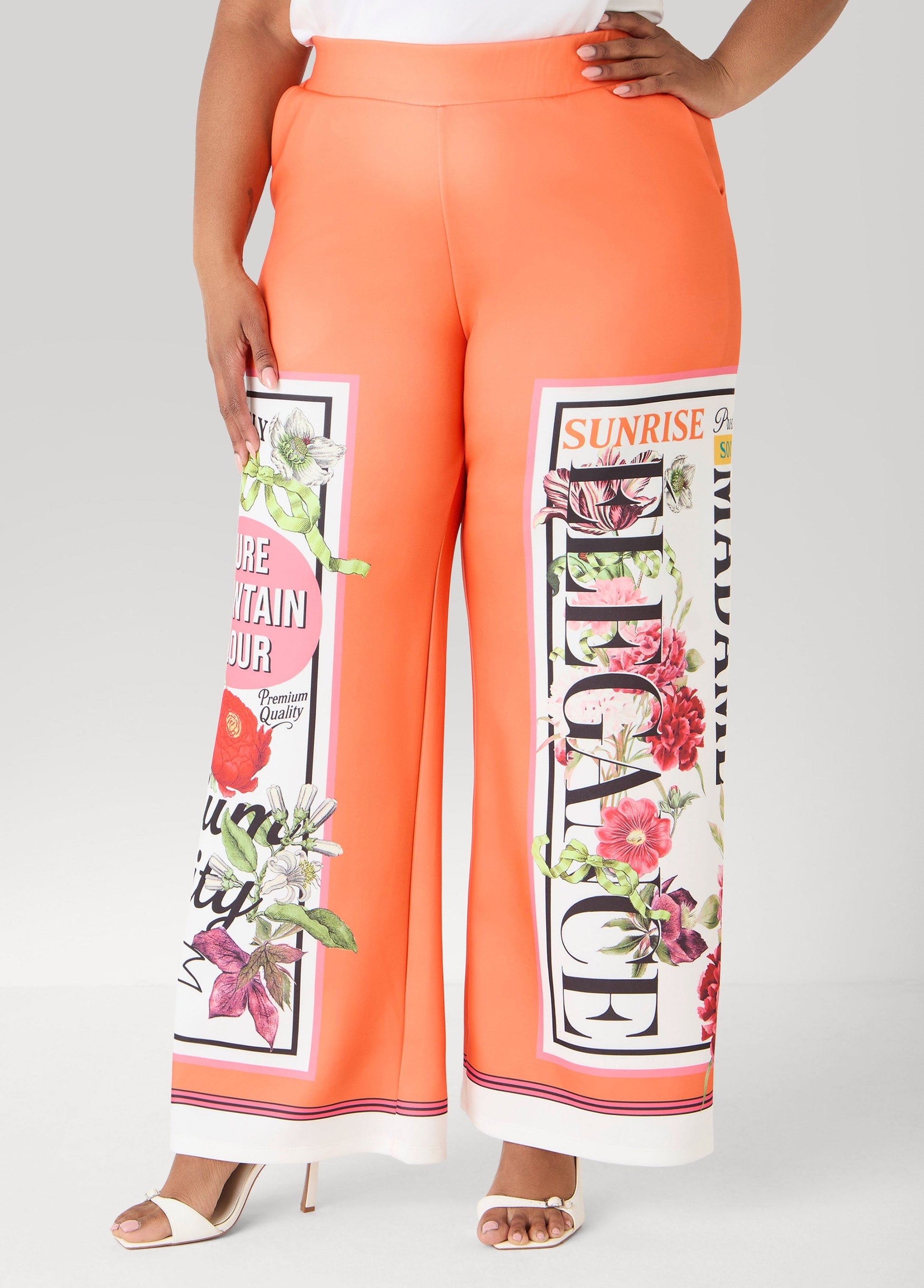 Ashley Stewart Floral Stamp Print Scuba Pants Persimmon Orange