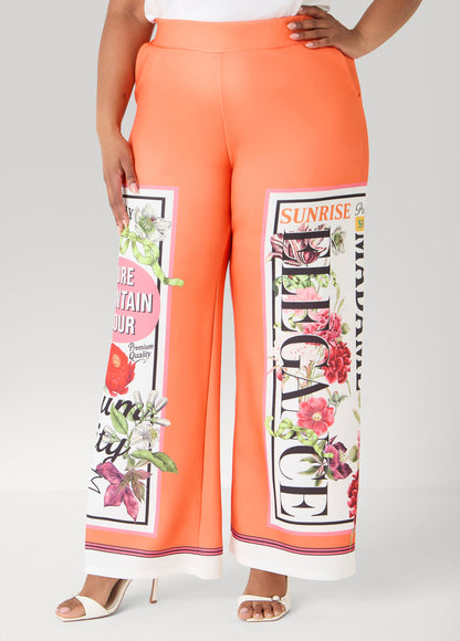 Ashley Stewart Floral Stamp Print Scuba Pants Persimmon Orange