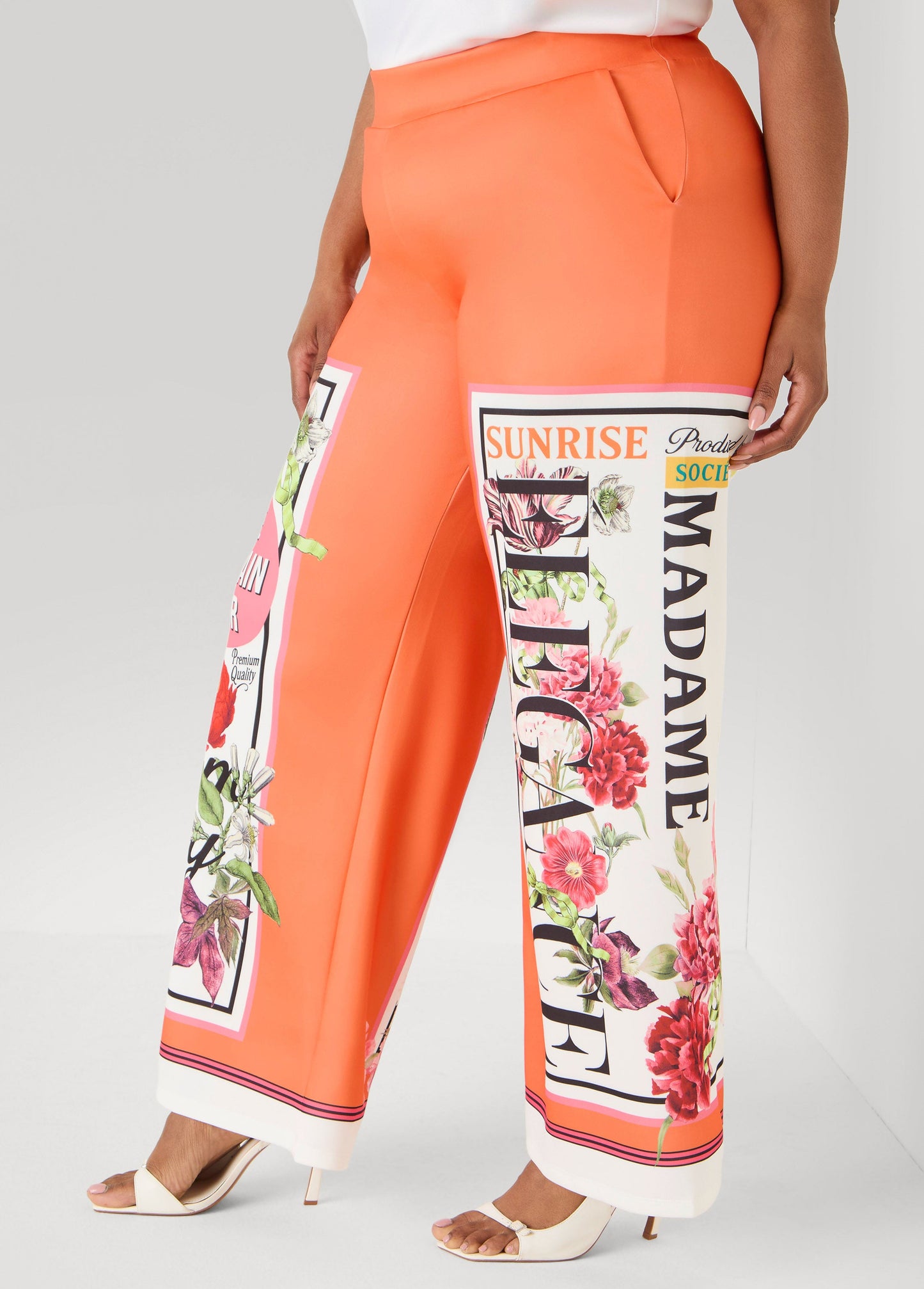 Ashley Stewart Floral Stamp Print Scuba Pants Persimmon Orange