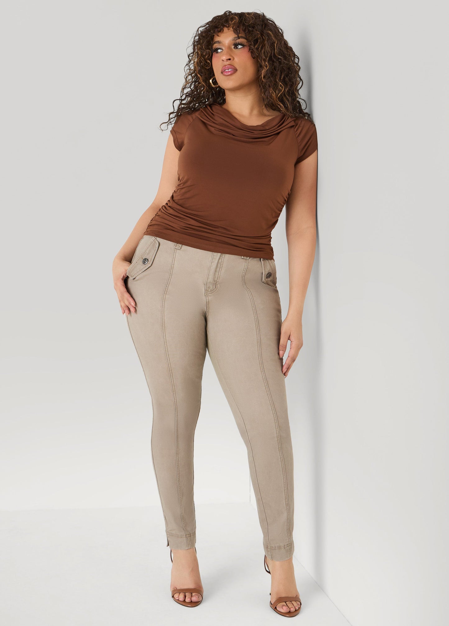 Ashley Stewart Flap Pocket Skinny Jeans Camel Taupe