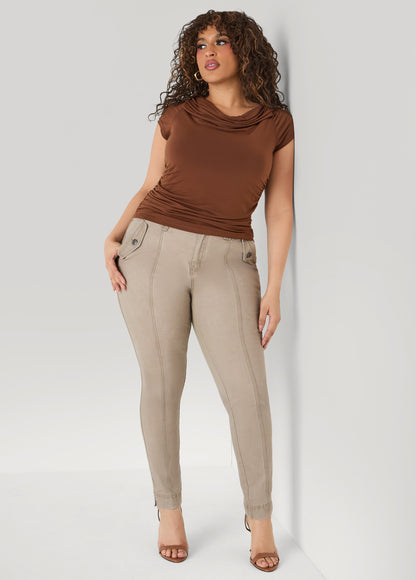 Ashley Stewart Flap Pocket Skinny Jeans Camel Taupe