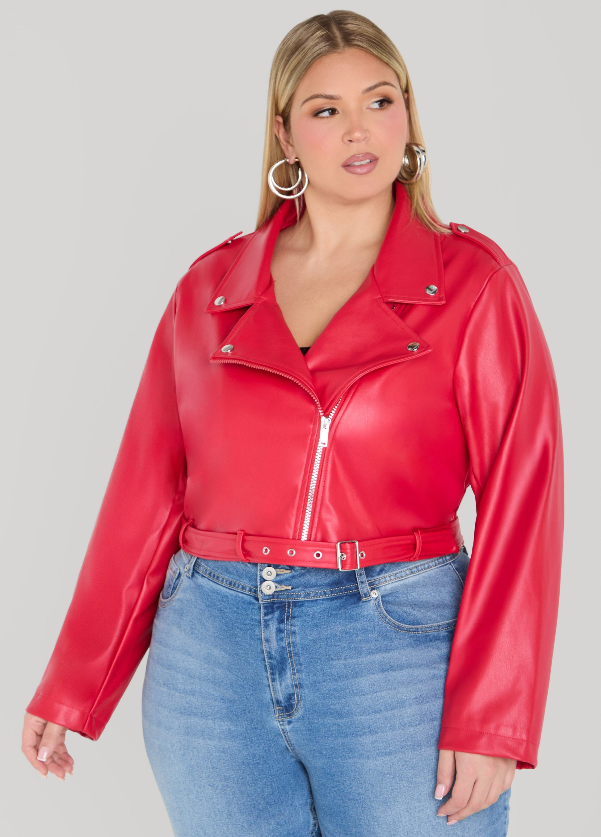 Ashley Stewart Cropped Faux Leather Moto Jacket Black