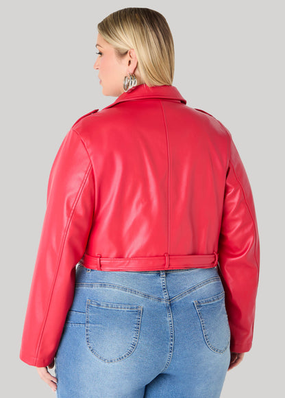 Ashley Stewart Cropped Faux Leather Moto Jacket Black