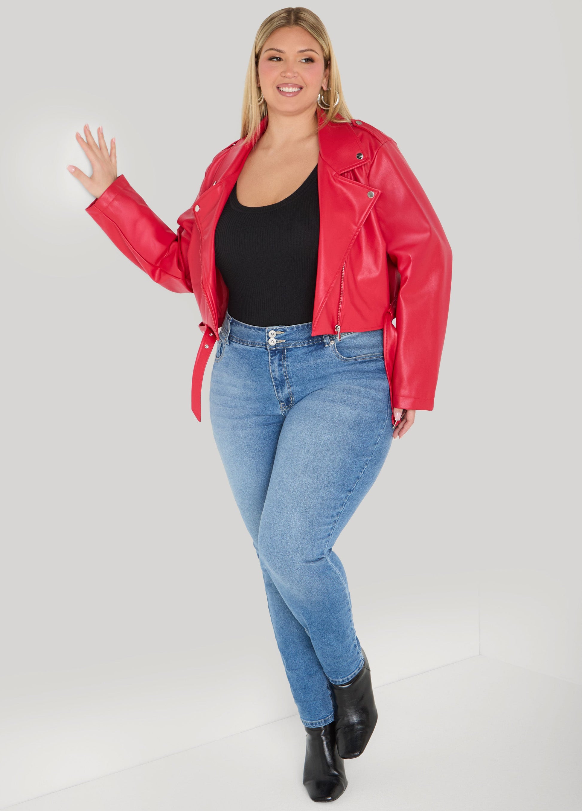Ashley Stewart Cropped Faux Leather Moto Jacket Black