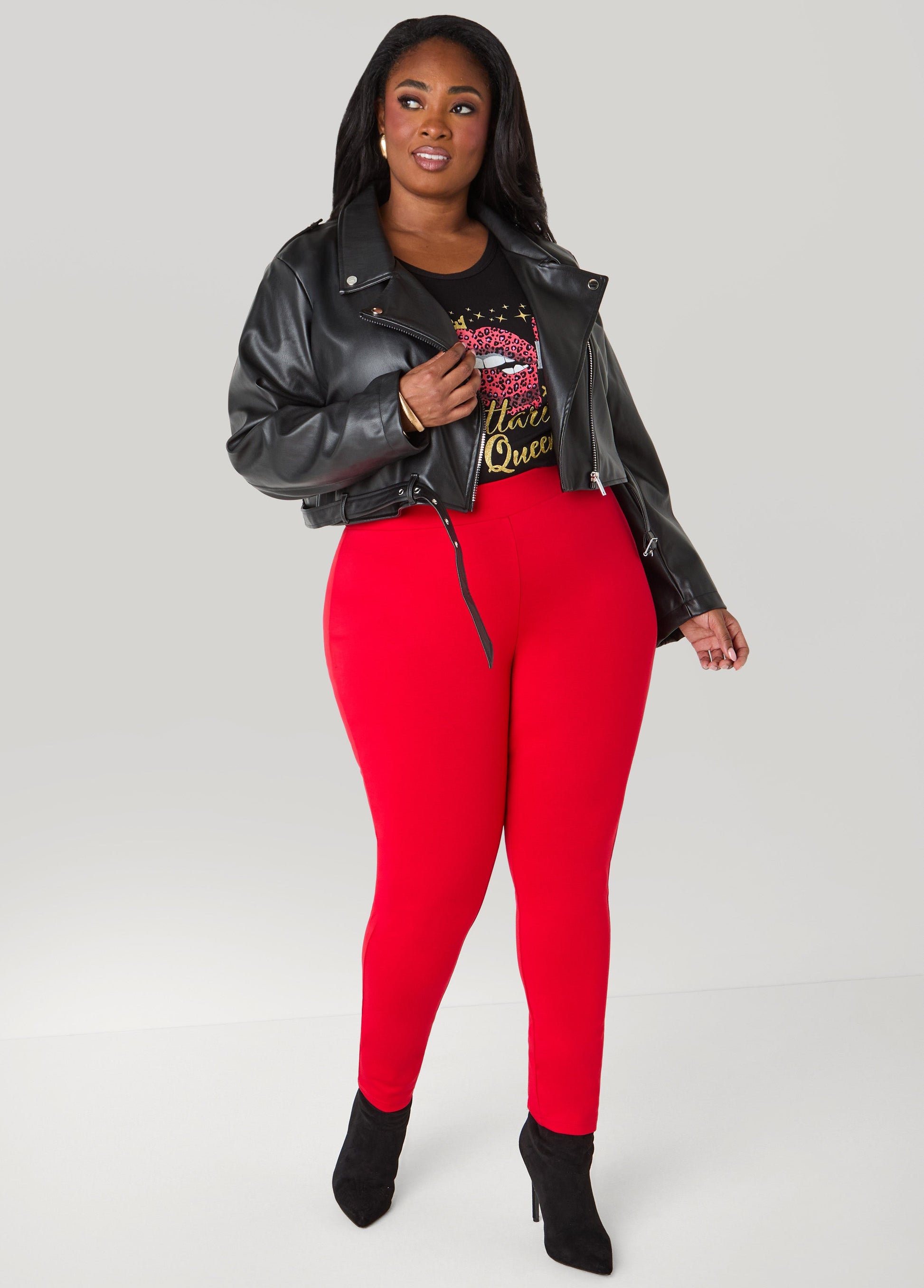 Ashley Stewart Cropped Faux Leather Moto Jacket Black
