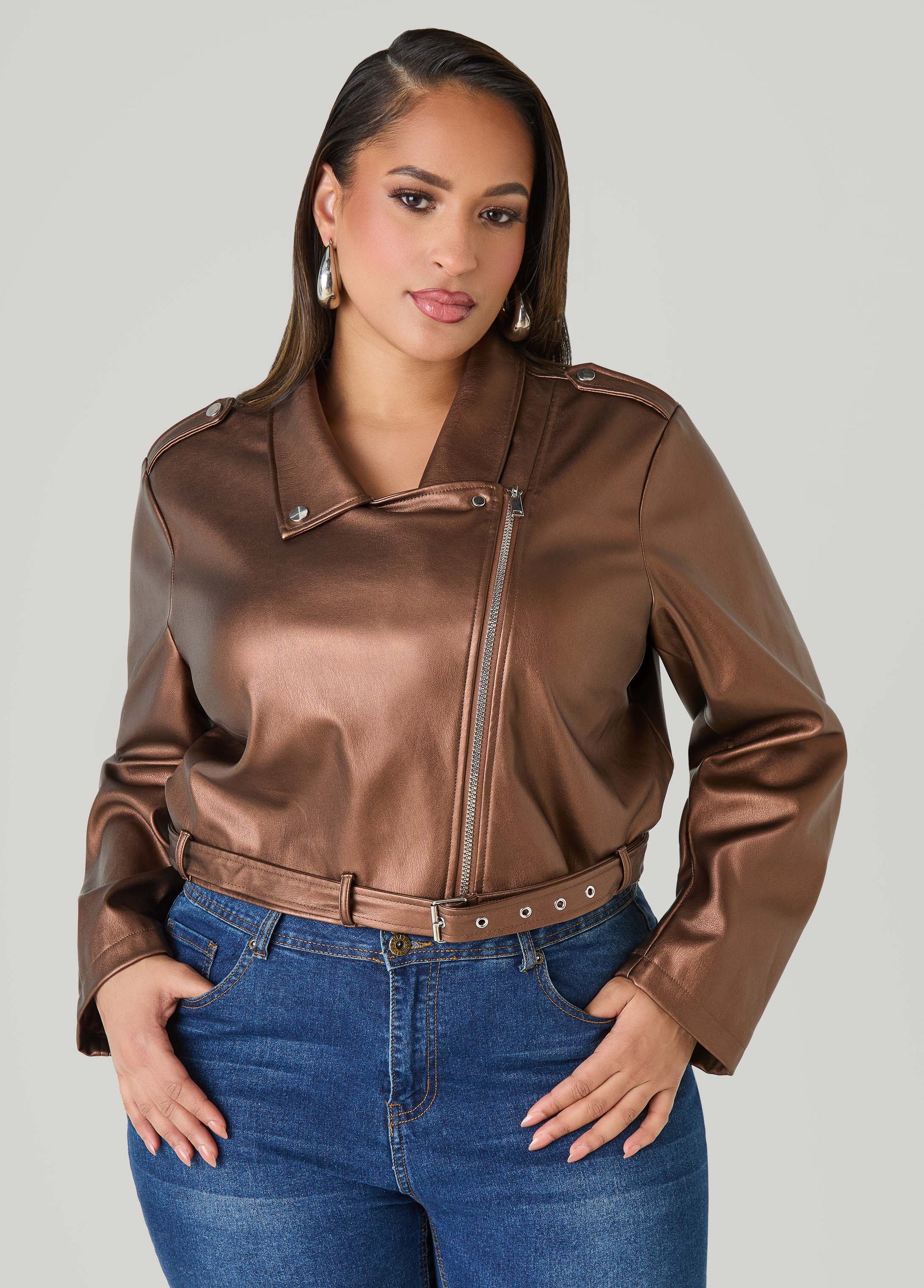 Ashley Stewart Cropped Faux Leather Moto Jacket Black