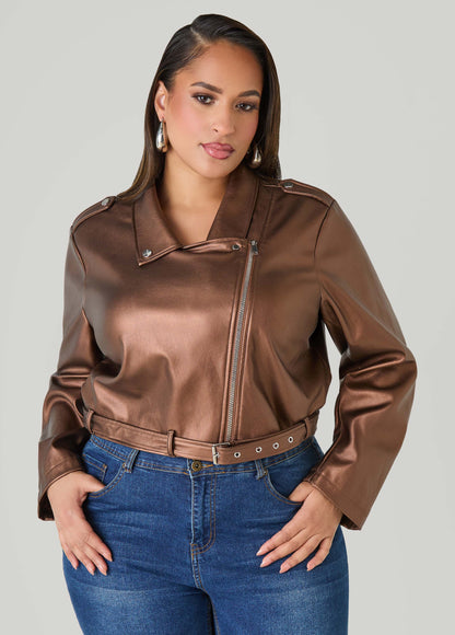 Ashley Stewart Cropped Faux Leather Moto Jacket Black