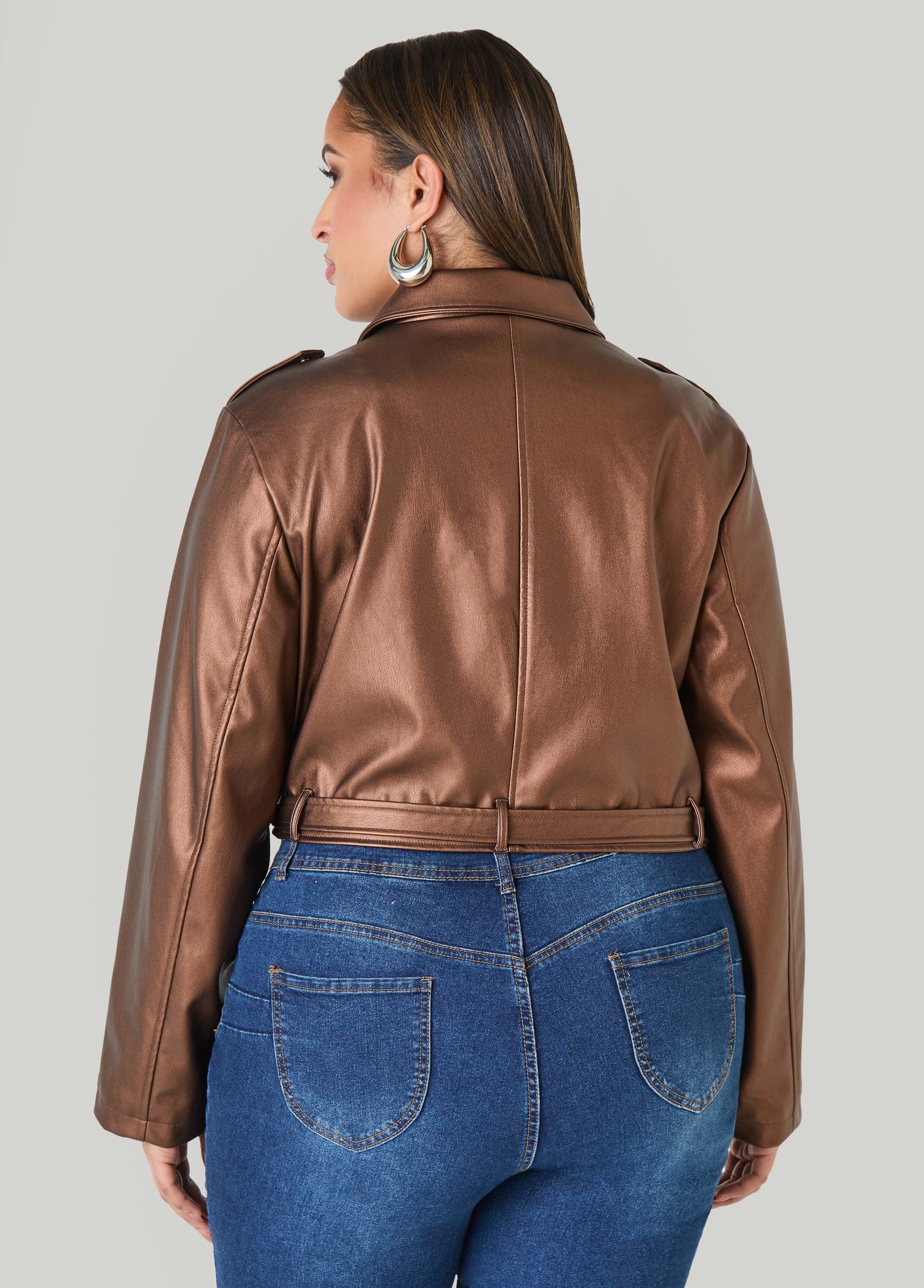 Ashley Stewart Cropped Faux Leather Moto Jacket Black