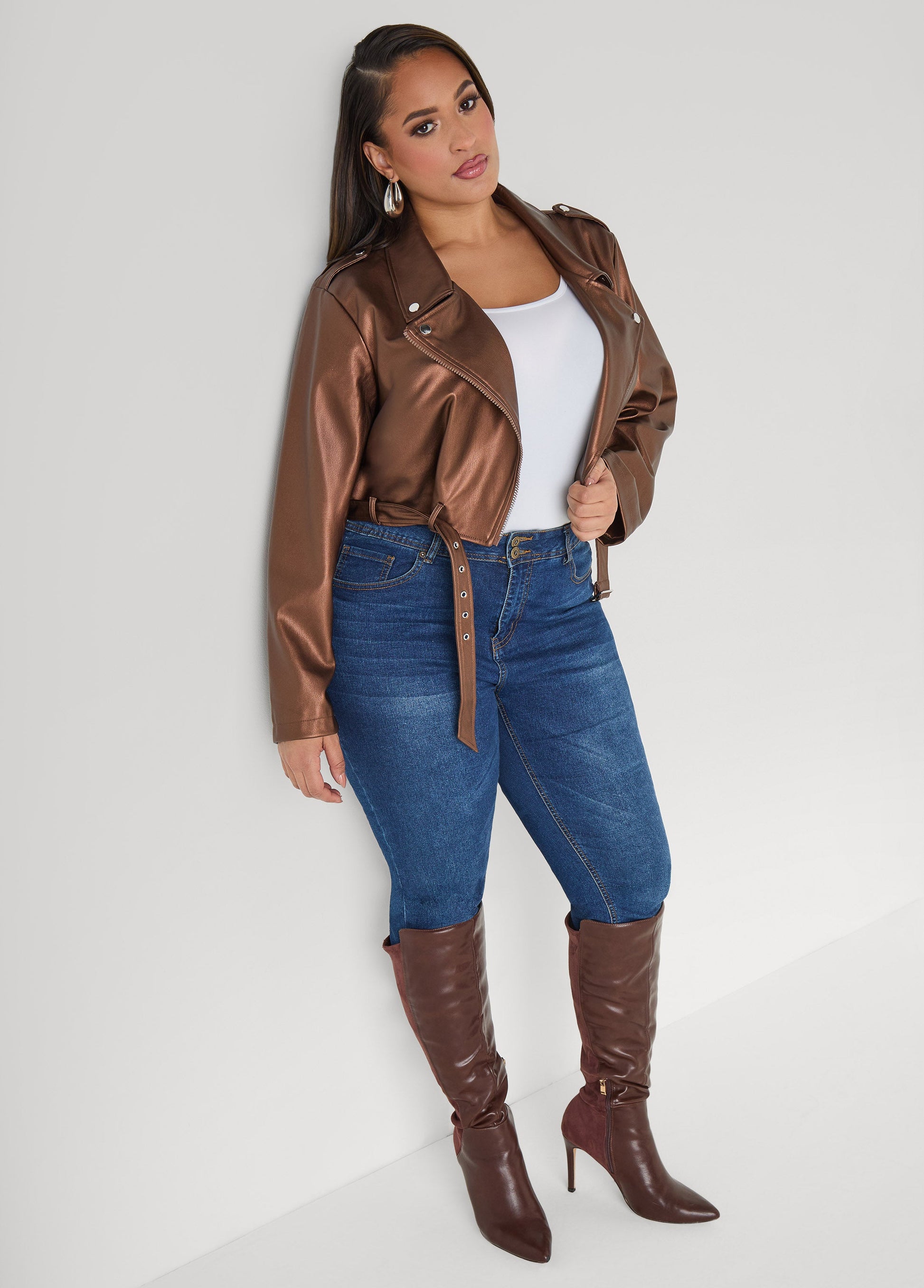 Ashley Stewart Cropped Faux Leather Moto Jacket Black