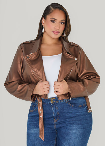 Ashley Stewart Cropped Faux Leather Moto Jacket Black