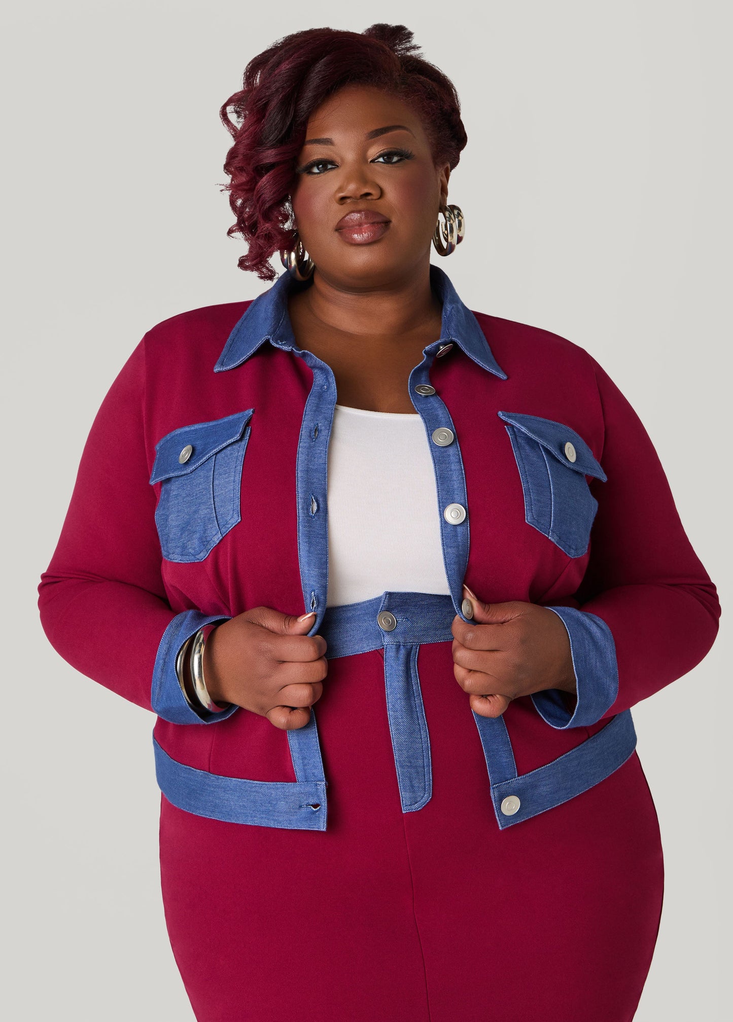 Ashley Stewart Denim Panel Jacket Rhododendron
