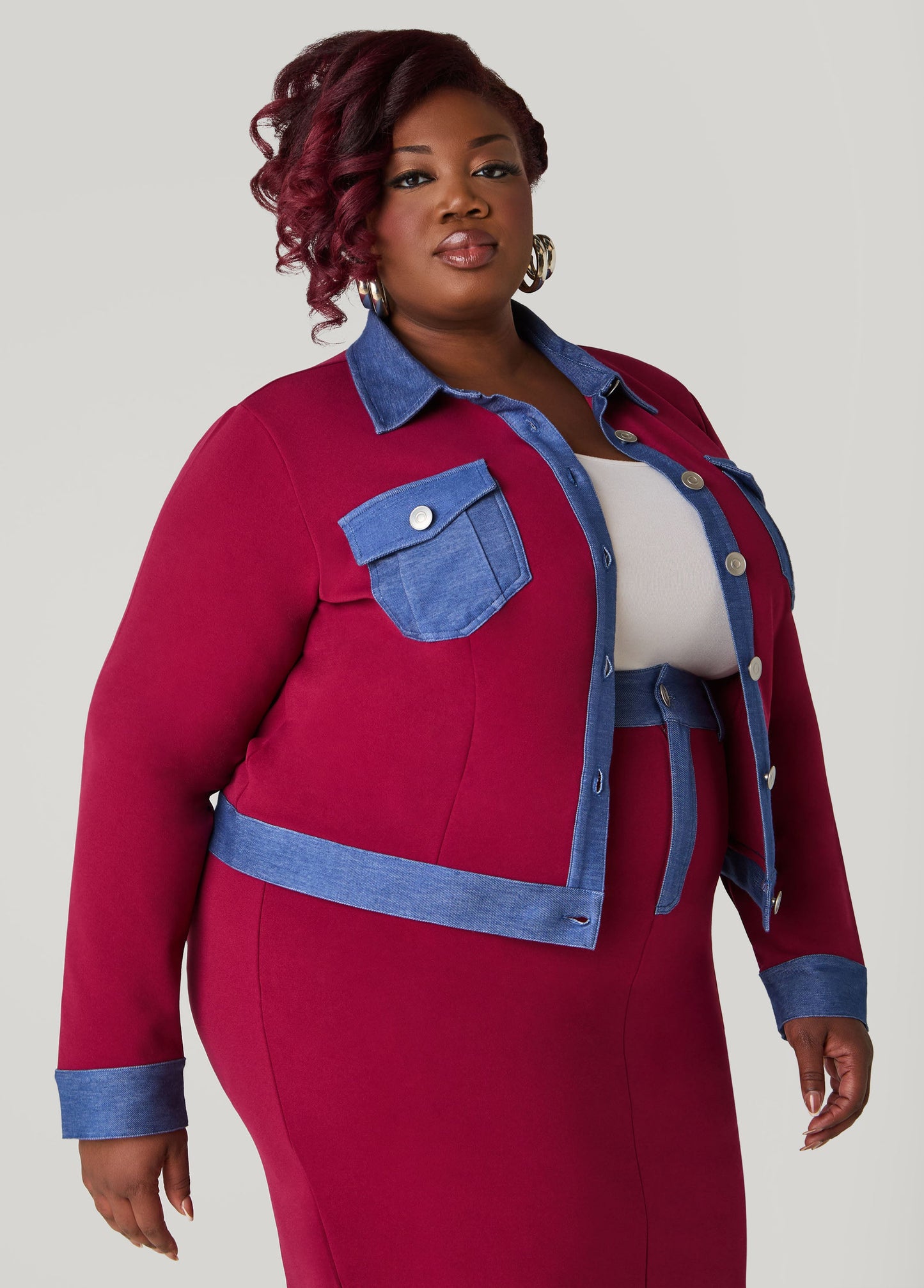 Ashley Stewart Denim Panel Jacket Rhododendron