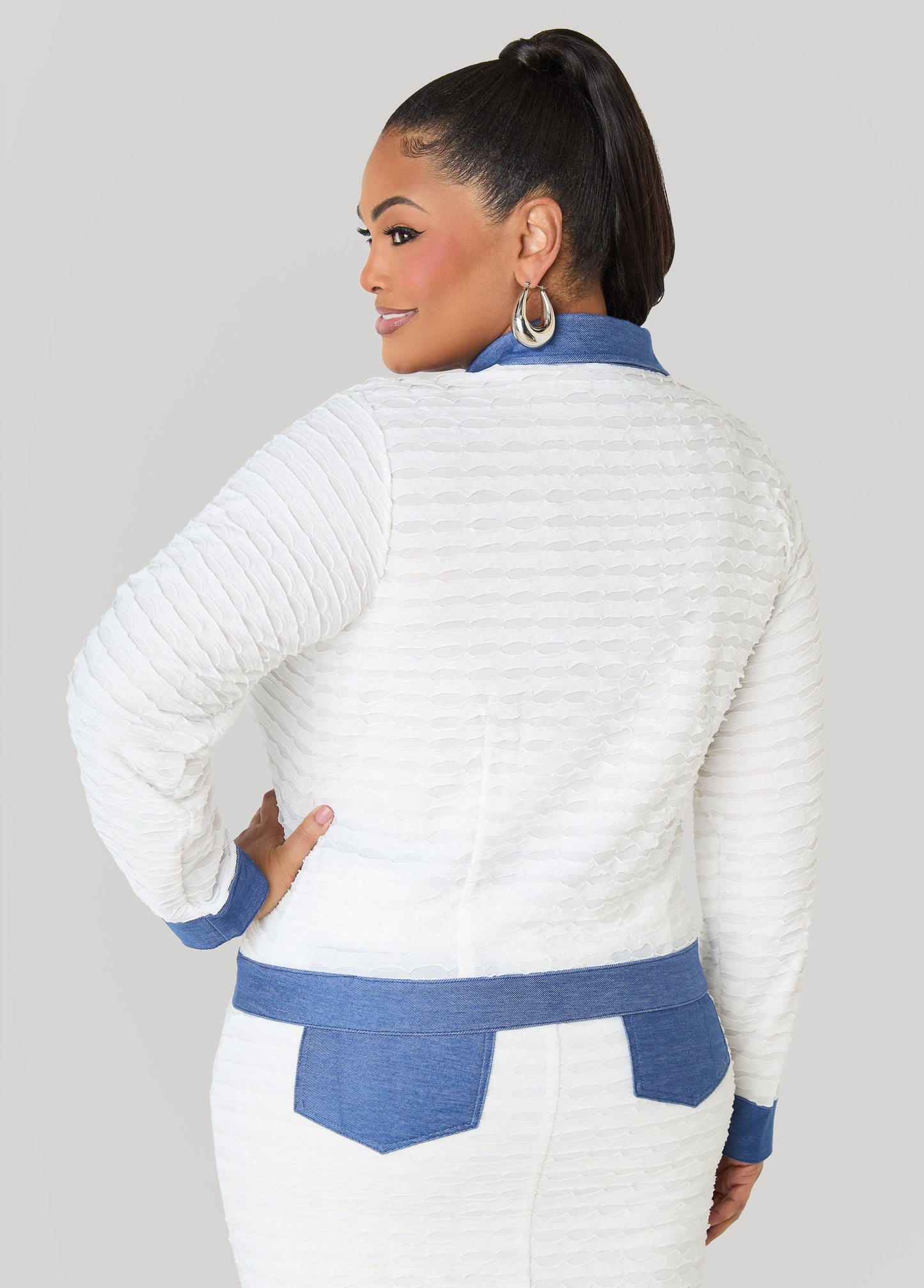 Ashley Stewart Denim Paneled Textured Jacket White