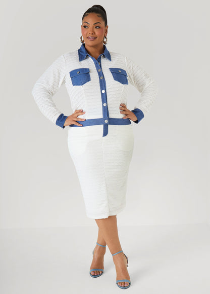 Ashley Stewart Denim Paneled Textured Jacket White