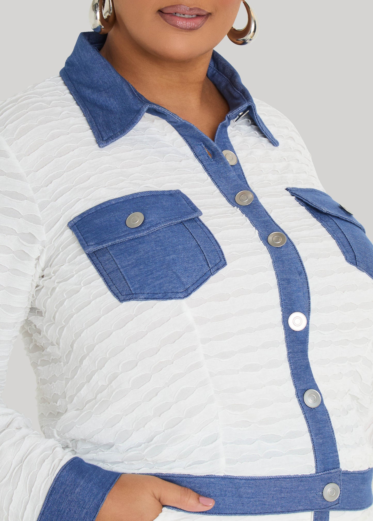 Ashley Stewart Denim Paneled Textured Jacket White