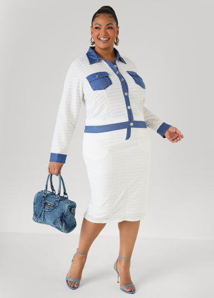 Ashley Stewart Denim Paneled Textured Jacket White