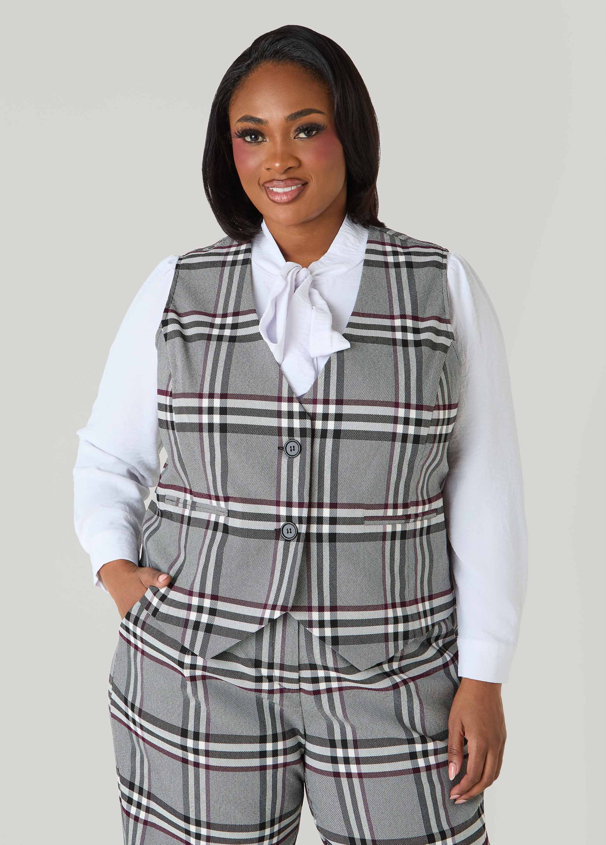 Ashley Stewart Millennium Plaid Vest Grey Flannel