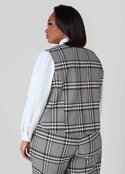 Ashley Stewart Millennium Plaid Vest Grey Flannel