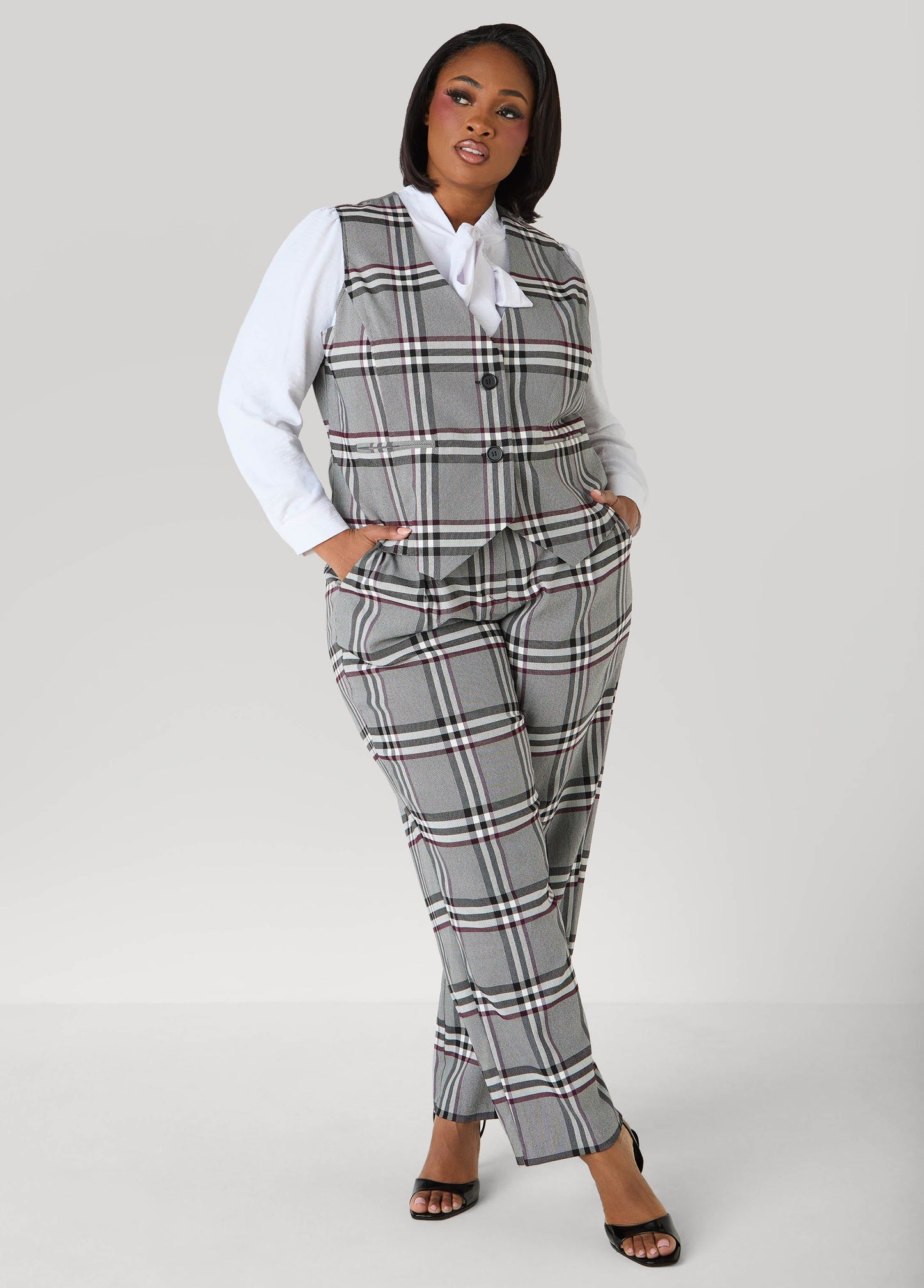 Ashley Stewart Millennium Plaid Vest Grey Flannel