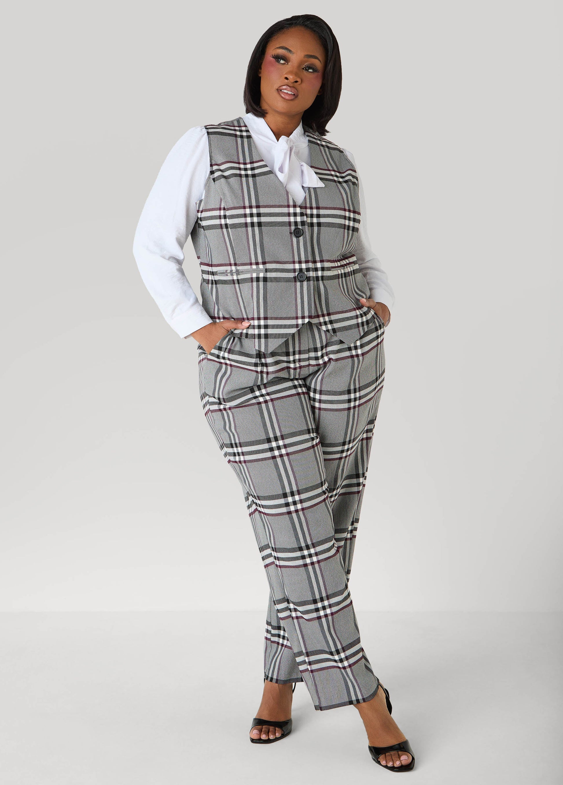 Ashley Stewart Millennium Plaid Vest Grey Flannel
