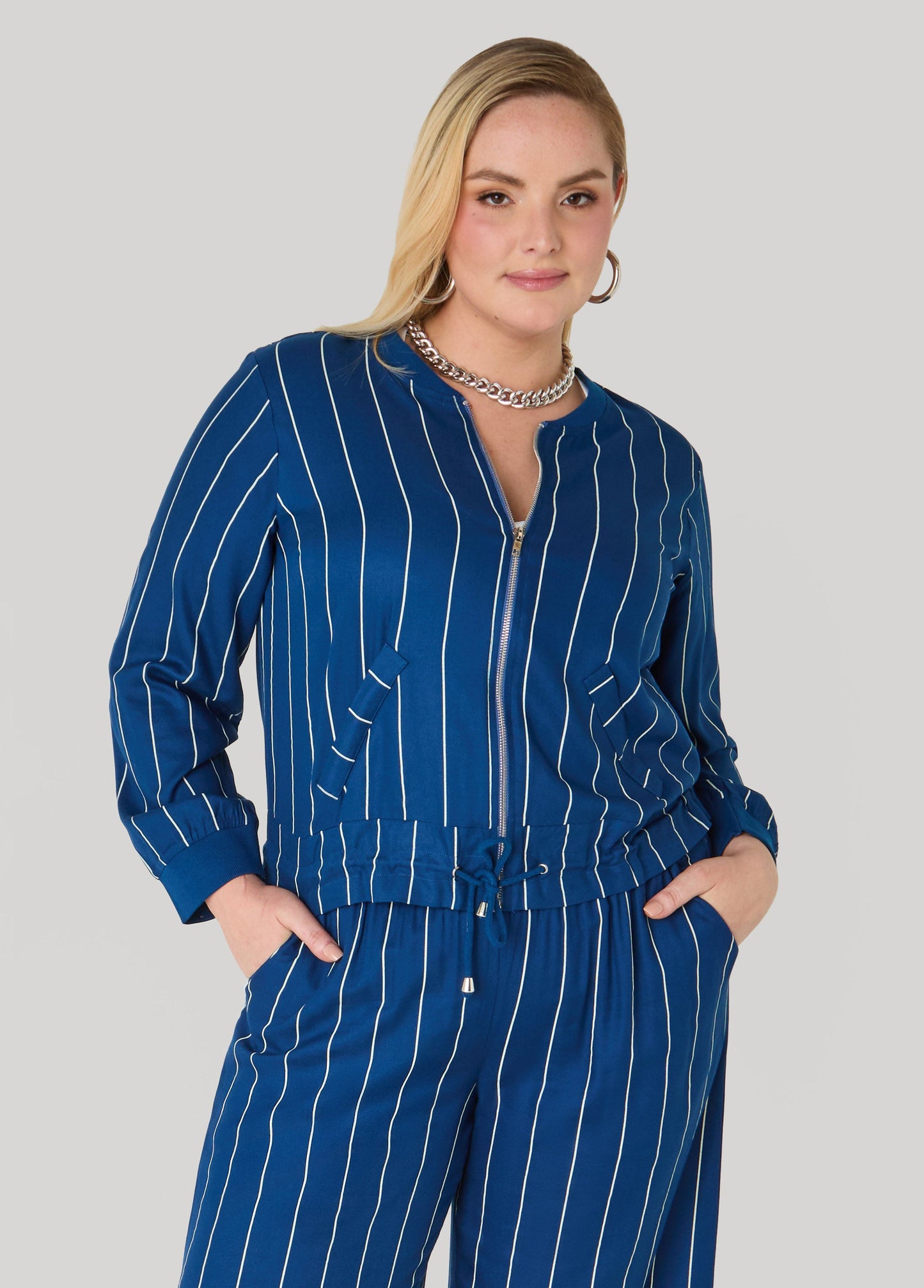 Ashley Stewart Pinstriped Zip Front Jacket Navy Peony
