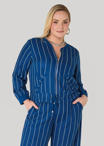 Ashley Stewart Pinstriped Zip Front Jacket Navy Peony